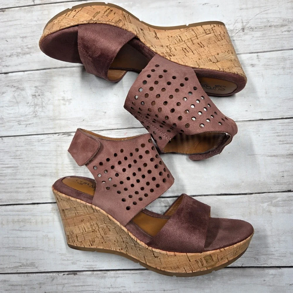 EuroSoft by Sofft Laser Cut Cork Wedge Sandals Women‎ 6M Mauve Brown ES0004529
